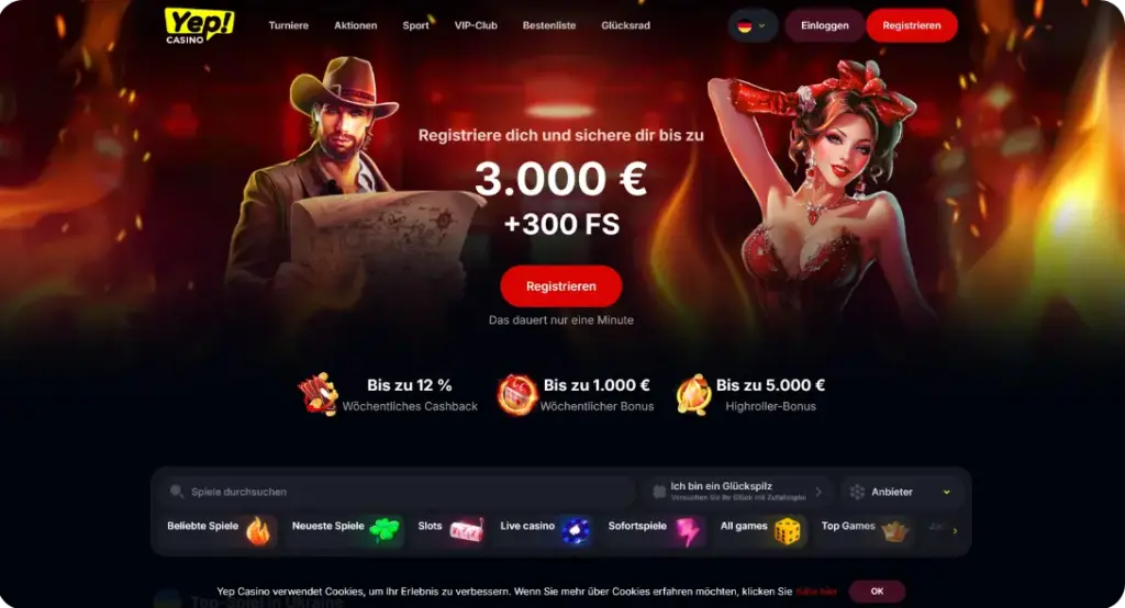 Startseite der Yep Casino App