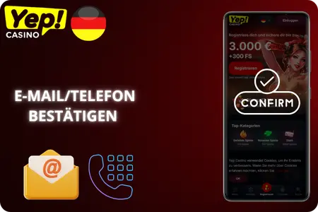 Bestätigen Sie Ihre E-Mail oder Telefonnummer, um den Yep Casino Login abzuschließen.